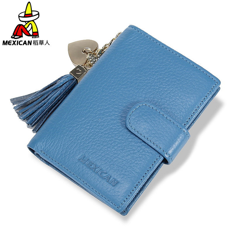<em>稻草人 女士蓝色</em>牛皮钱夹 女式流苏搭扣真皮钱