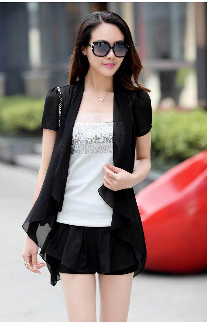 雪纺披肩黑色弹力外搭<em>短袖开衫</em>夏装大码女装薄