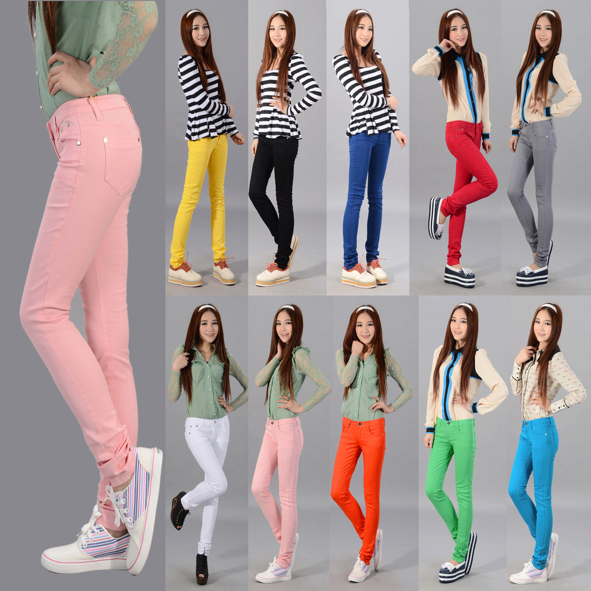 少女<em>初中生</em>高中学生<em>牛仔裤</em>女中腰修身糖果色彩