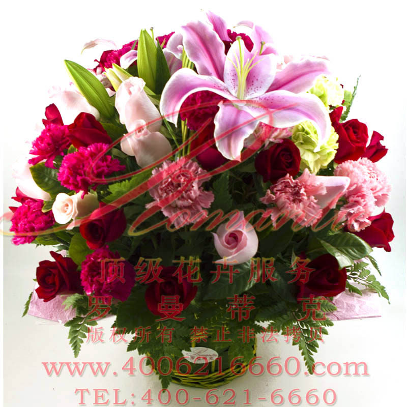 K863蜜桃|3百合40红粉玫瑰20康乃馨<em>鲜花</em>篮|<em>送</em>