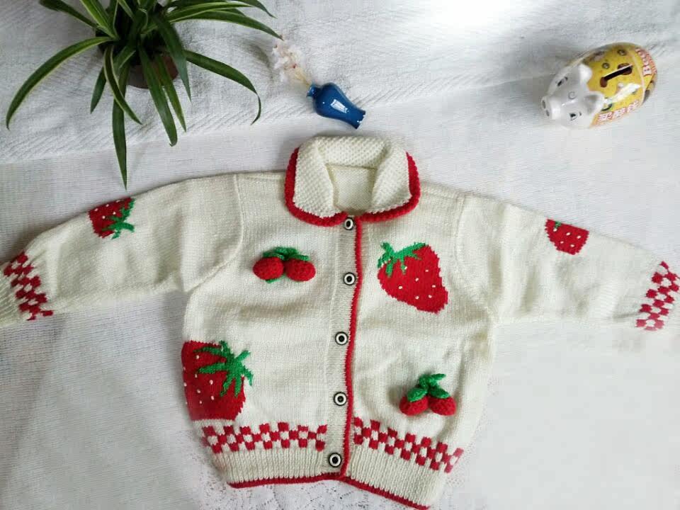 全新 纯<em>手工</em>编织宝宝草莓<em>图案儿童</em>针织<em>毛衣</em>|一