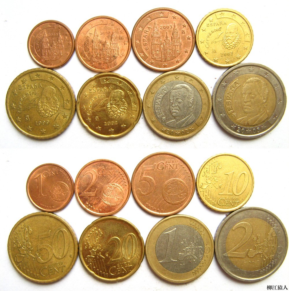 外国硬币\/欧洲硬币\/西班牙\/最大面值2欧元\/8枚