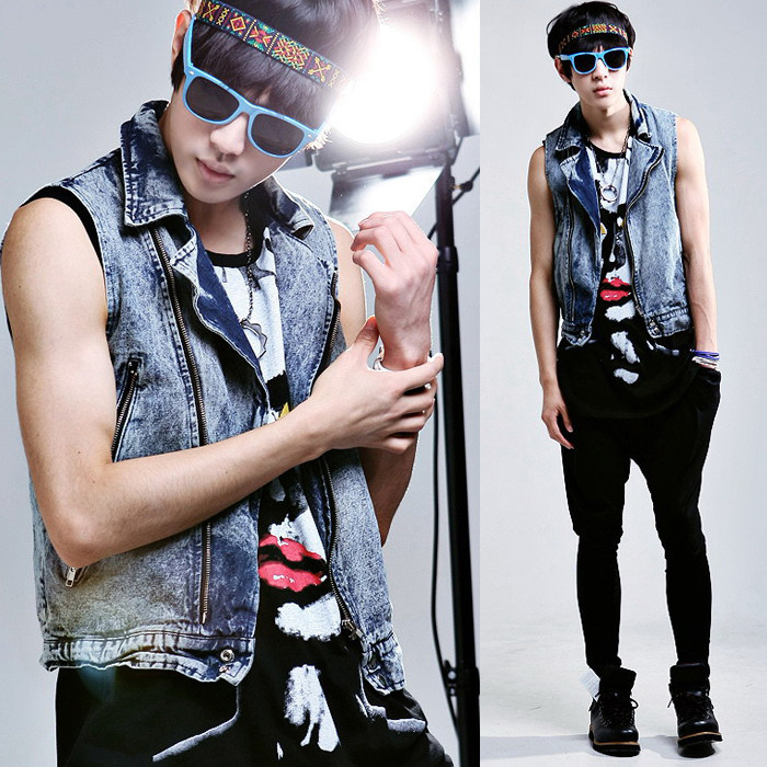 英伦男装 复古男士<em>牛仔马甲</em>背心 <em>韩版</em>男式雪花