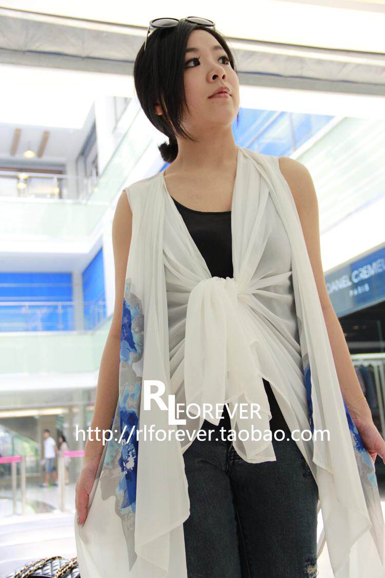 RL独家定制 欧美风<em>无袖</em>雪纺<em>开衫</em> 中长款披风 印