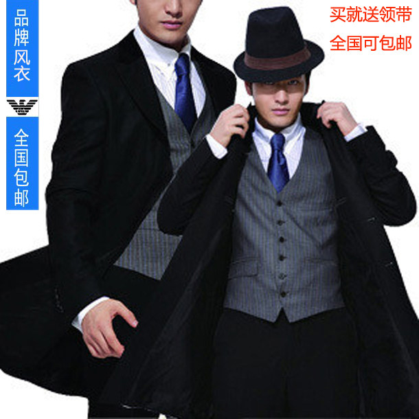 黄晓明男士秋冬保暖<em>男黑色</em>风衣大衣<em>外套</em>中<em>长款</em>