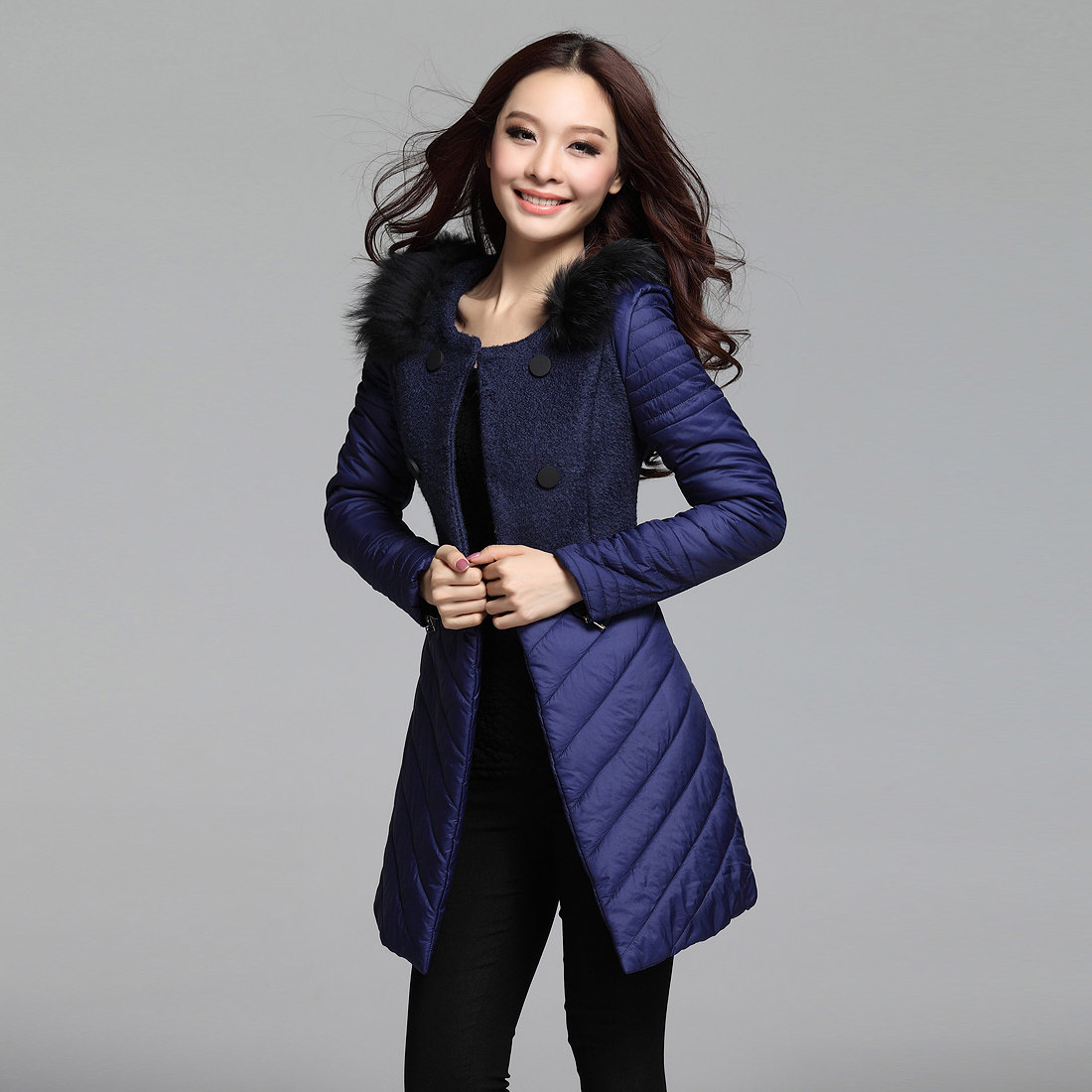 2014秋冬女<em>羊绒大衣</em>正品新款专柜修身拼接呢