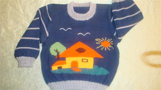 秋装童装儿童手工编织毛衣房子图案套头衫毛衣