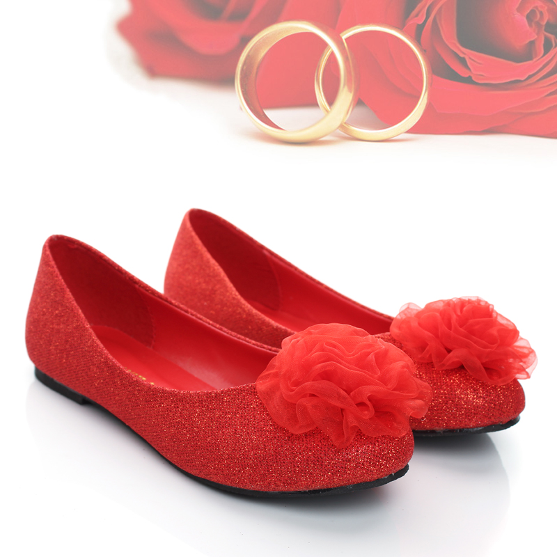 婚鞋红色平跟大红色平底新娘鞋子结婚鞋旗袍鞋