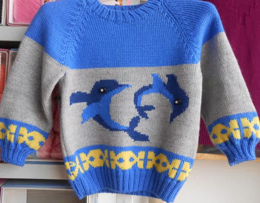 纯手工<em>编织</em>1-2岁<em>儿童毛衣海豚图案</em>婴儿毛衣宝