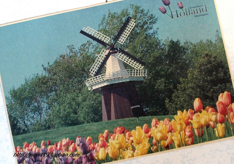 荷兰风车和郁金香 怀旧复古老海报 牛皮纸海报