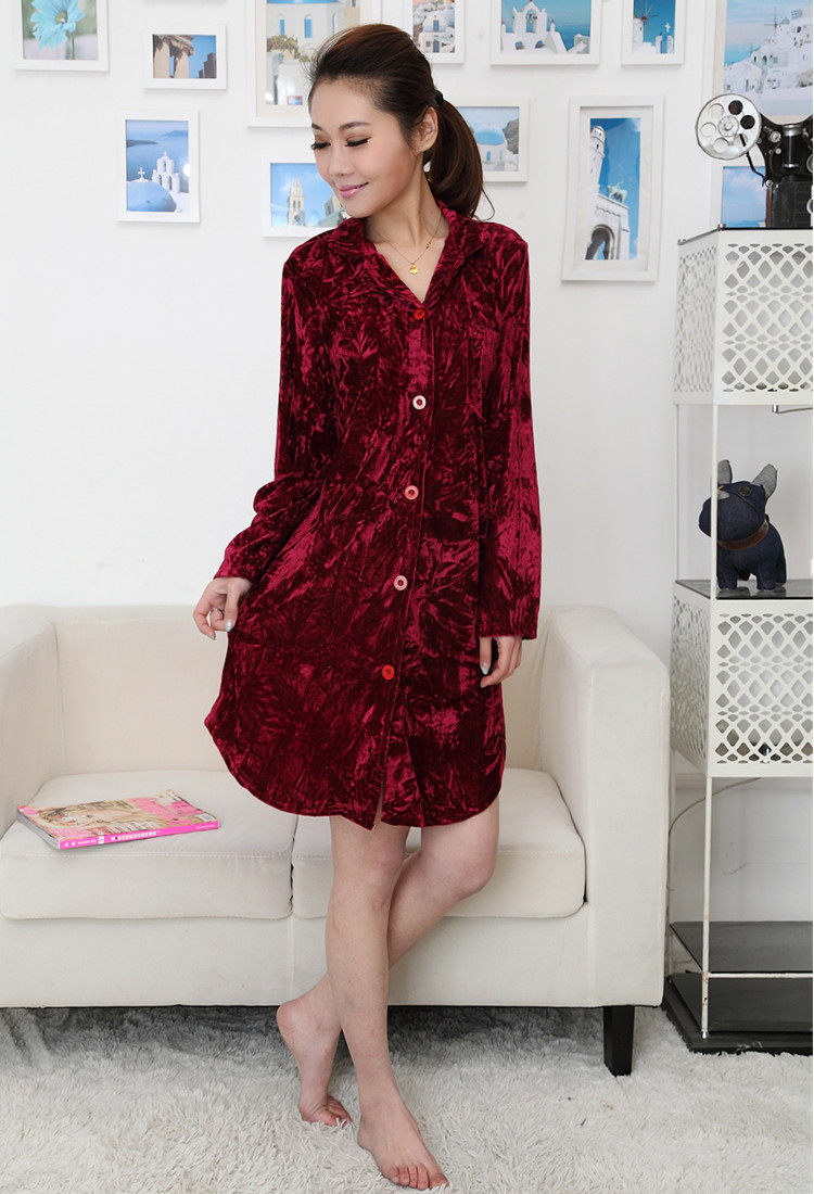 秋冬加大码衬衫领<em>开衫</em>丝绒珊瑚绒<em>中长</em>睡裙女睡