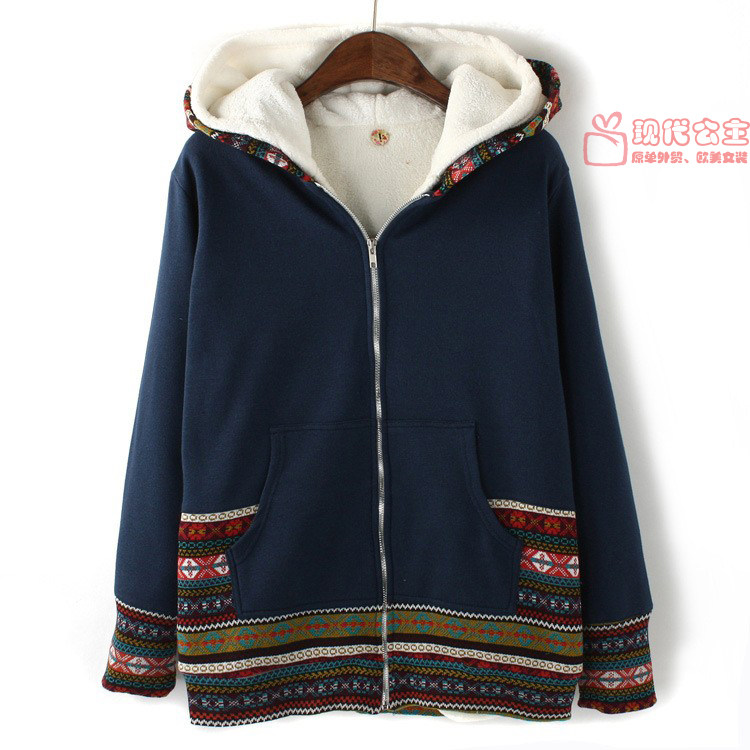 外贸欧美宽松大码 <em>连帽卫衣开衫</em>外套 <em>女 加厚</em>羊