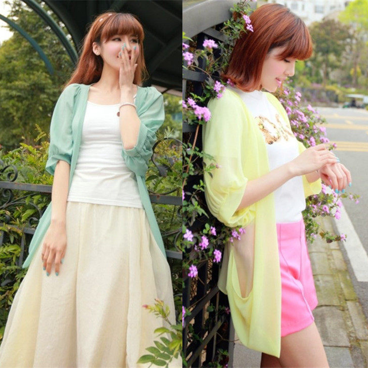 夏装女装韩版甜美<em>中袖雪纺</em>衫防晒<em>开衫披肩</em>搭配