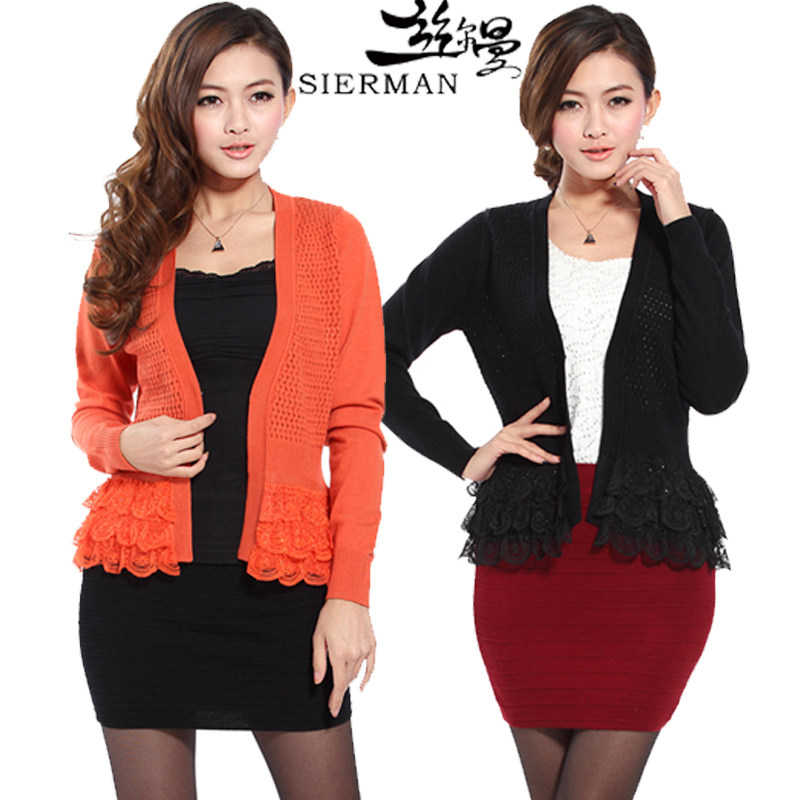 2013新款纯色蕾丝花边修身<em>羊毛衫</em> 女式<em>开衫短</em>