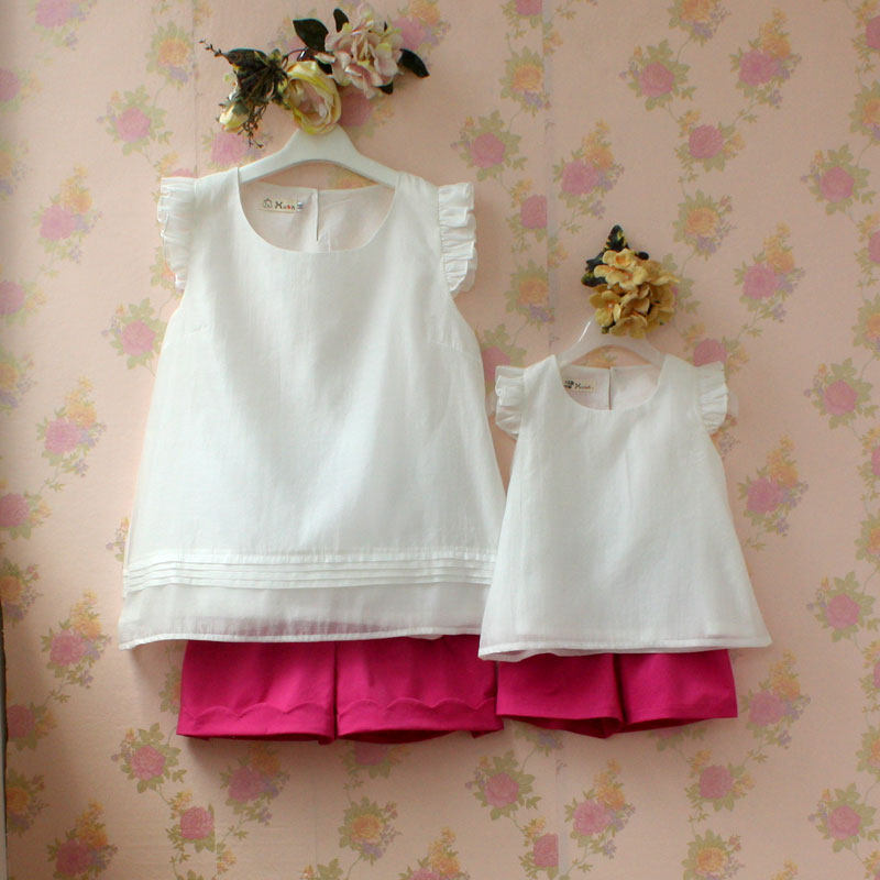 夏装新款亲子时装母女装套装童<em>白色</em>上衣<em>配玫红</em>