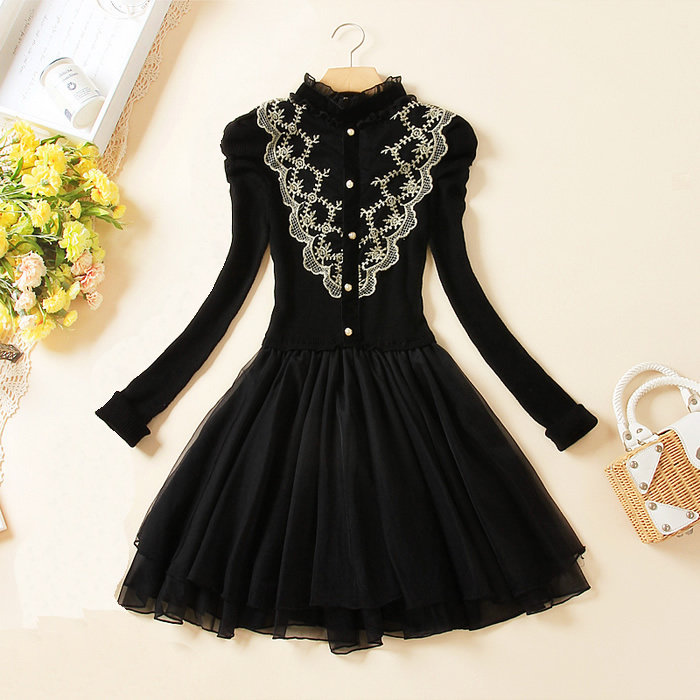 春秋冬款修身显瘦<em>长袖针织毛衣连衣裙</em>网纱裙甜