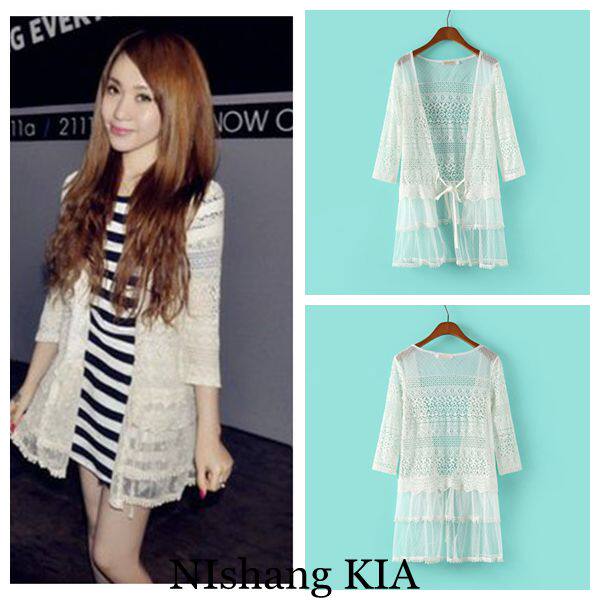 包邮 中<em>长款</em>蕾丝<em>开衫</em>可配连衣裙<em>短裤</em> 莫代尔长