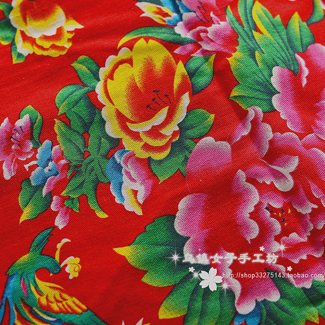 面料批发东北大花布棉布<em>女式服装</em>布料纯棉大红