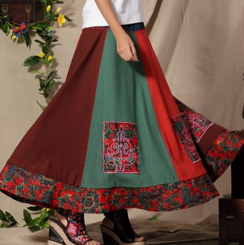 民族风批发女裙 中国风夏季新款拼色亚麻贴布