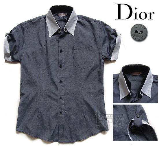 Dior Homme 细致条纹双层领口设计干净气质短袖衬衫深灰款