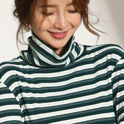 高领中长款长袖打底衫宽松条纹亮丝洋气T恤女2020春季韩版潮
