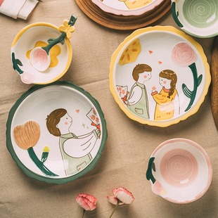 卡通动漫情侣碗筷套装，2人创意男生女生，家用碗盘餐具可爱陶瓷饭碗