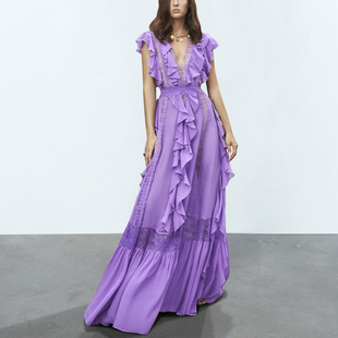 绝美紫色连衣裙夏海边(夏海边)度假长裙设计感小众荷叶边蕾丝仙女裙子