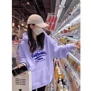 香芋紫色纯棉卫衣女连帽宽松2025新款秋冬加绒加厚欧货中长款外套