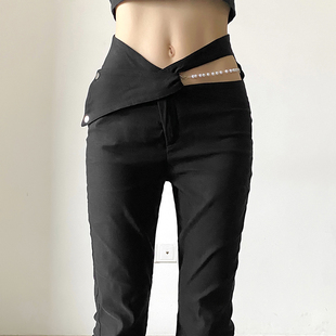KLalien 小众设计感心机镂空双高腰休闲长裤简约百搭黑色微喇裤潮
