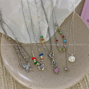 秋日小众设计彩色水钻串珠，钛钢项链甜美珍珠，锁骨链叠戴项饰(戴项饰)