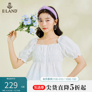 eland衣恋温柔淑女风短袖，衬衫女木耳花边，短款白色上衣夏季