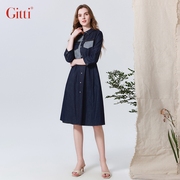 Gitti/吉蒂秋款衬衣领条纹拼接大码收腰连衣裙女棉G235035