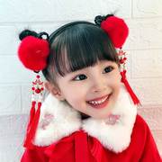 新年红色儿童古装头饰流苏头箍女童辫子假发中国古风发箍毛球发卡