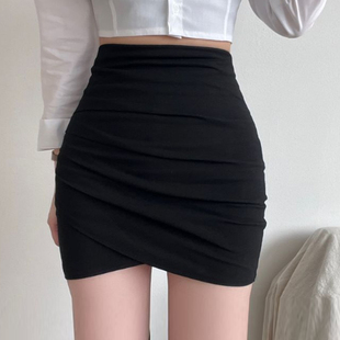 黑色短裙女春秋2024韩版半身裙，高腰紧身包臀性感，不规则褶皱一步裙