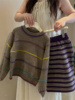 韩系秋冬女童毛衣2023复古休闲时尚百搭彩色条纹，拼接葫芦袖针织衫