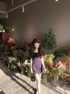 coolline林子熙夏花黑加仑紫显白连衣裙贵气蝴蝶小香短裙女