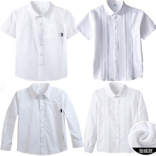 男女儿童白衬衫纯棉花边娃娃，领夏季中小学生校服礼服，长短袖白衬衣(白衬衣)