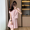 粉色新中式两件套连衣裙夏季法式甜美减龄小个子，百褶短裙套装