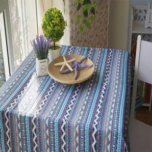 波西米亚民族风蓝色条纹桌布东南亚复古棉麻布餐桌茶几长方形盖巾