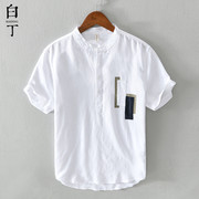 中国风复古薄款立领亚麻，短袖t恤男休闲冰丝，感半袖棉麻polo衫白色