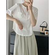韩系半开领螺纹短袖t2023夏季简约洋气，修身显瘦纯色t恤上衣女
