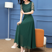 纳绎绿色连衣裙女夏季2024复古洋气时尚气质拼接蕾丝雪纺裙子