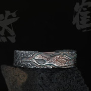 独特设计仙鹤开口手镯男士，霸气复古手工，纯银手环仙鹤手镯高档时尚