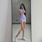YoungGirlDay 2023夏季蝴蝶印花性感紧身露脐T恤包臀短裙套装