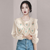 韩风高级感法式女气质娃娃领披肩刺绣减龄泡泡袖重工雪纺衬衫