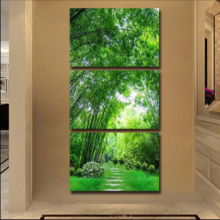 客厅走廊过道墙画玄关装饰画竖版三联绿色竹林风景无框画挂画壁画