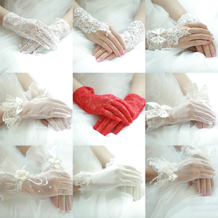 短款蕾丝新娘手套红结婚影楼拍照道具法式婚纱优雅唯美手套白色女