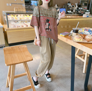 兔美善韩国女装 22夏季新 复古蕾丝拼接卡通小猫咪条纹T恤