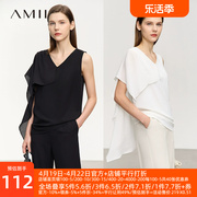 Amii2024夏极简优雅不对称设计拼乱麻雪纺荷叶边袖V领雪纺衫