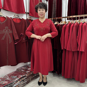 高端红色礼服参加婚礼连衣裙，女胖妈妈收腰旗袍，洋气50岁婆婆春秋新